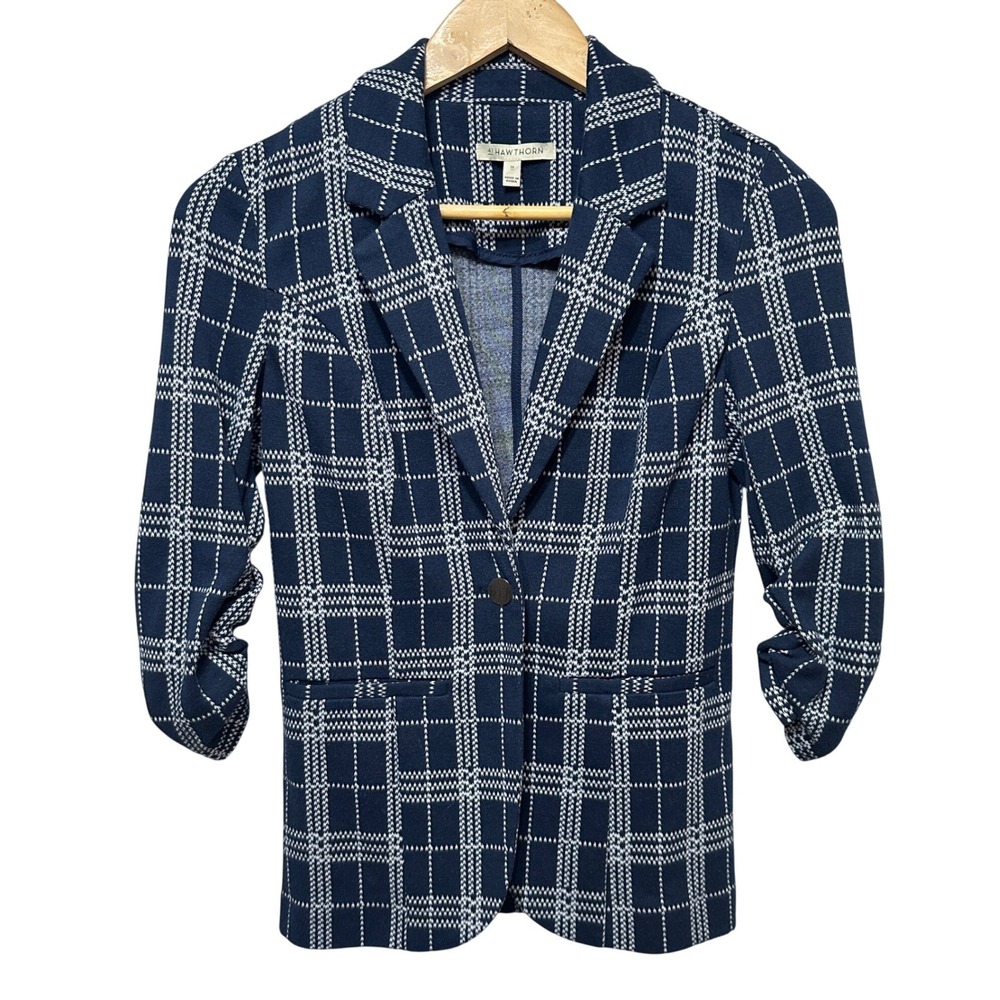 41 Hawthorn Plaid Blazer Women XS Navy Blue‎ Ruched Sleeve Soft Stretch Office